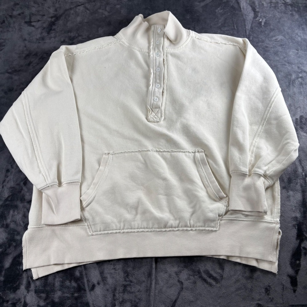 Aerie Henley Pullover Sweatshirt Women M Cream Raw Hem Button Up Mock Neck